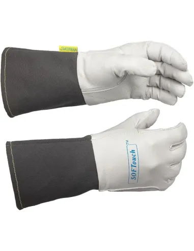 Detalle de costuras KEVLAR® y puño ignífugo gris del guante Weldas 1004