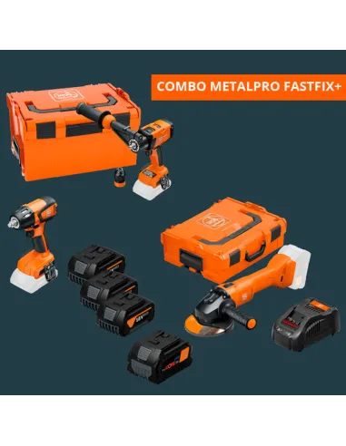 Contenido del FEIN COMBO METALPRO FASTFIX+: taladro, atornillador, amoladora y baterías AMPShare