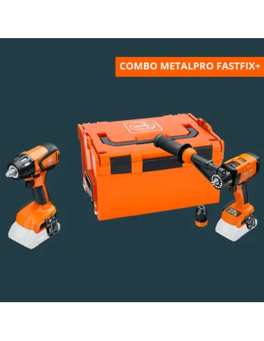 Contenido del FEIN COMBO METALPRO FASTFIX+: taladro, atornillador, amoladora y baterías AMPShare