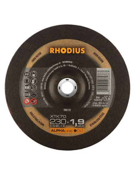 Disco de corte extrafino RHODIUS XTK70 Ø230x1,9 mm para inox y acero