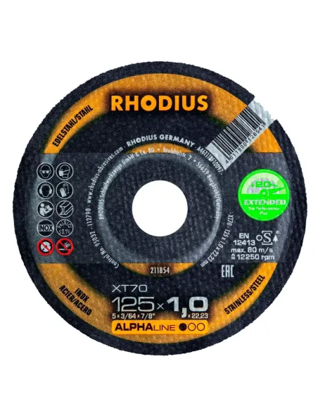 Disco de Corte Extrafino RHODIUS XT70 Inox Acero Ø125x1,0 mm